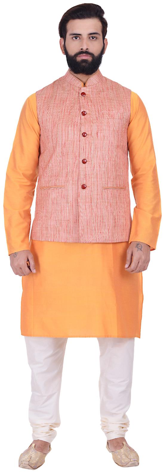 

Kisah Men s Benarasi Cotton Silk Self Design Waistcoat with Kurta and Churidar Set