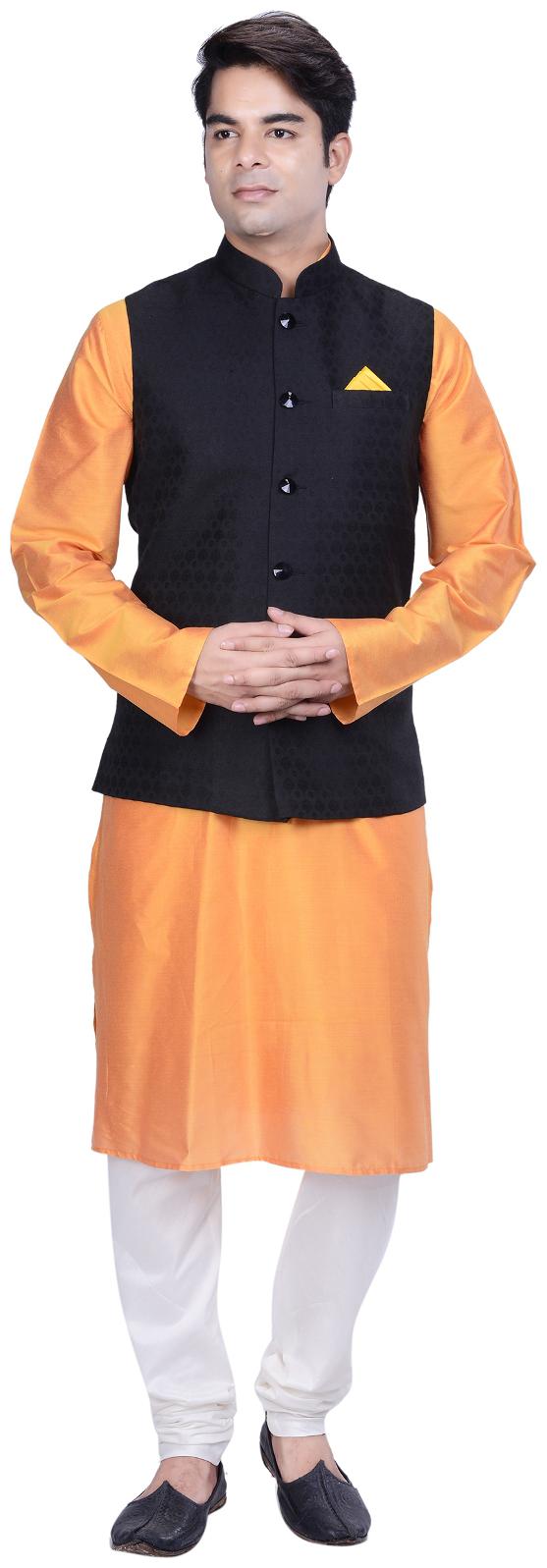 

Kisah Men s Orange Cotton Silk Kurta And Churidar With Black Cotton Silk Nehru Jacket