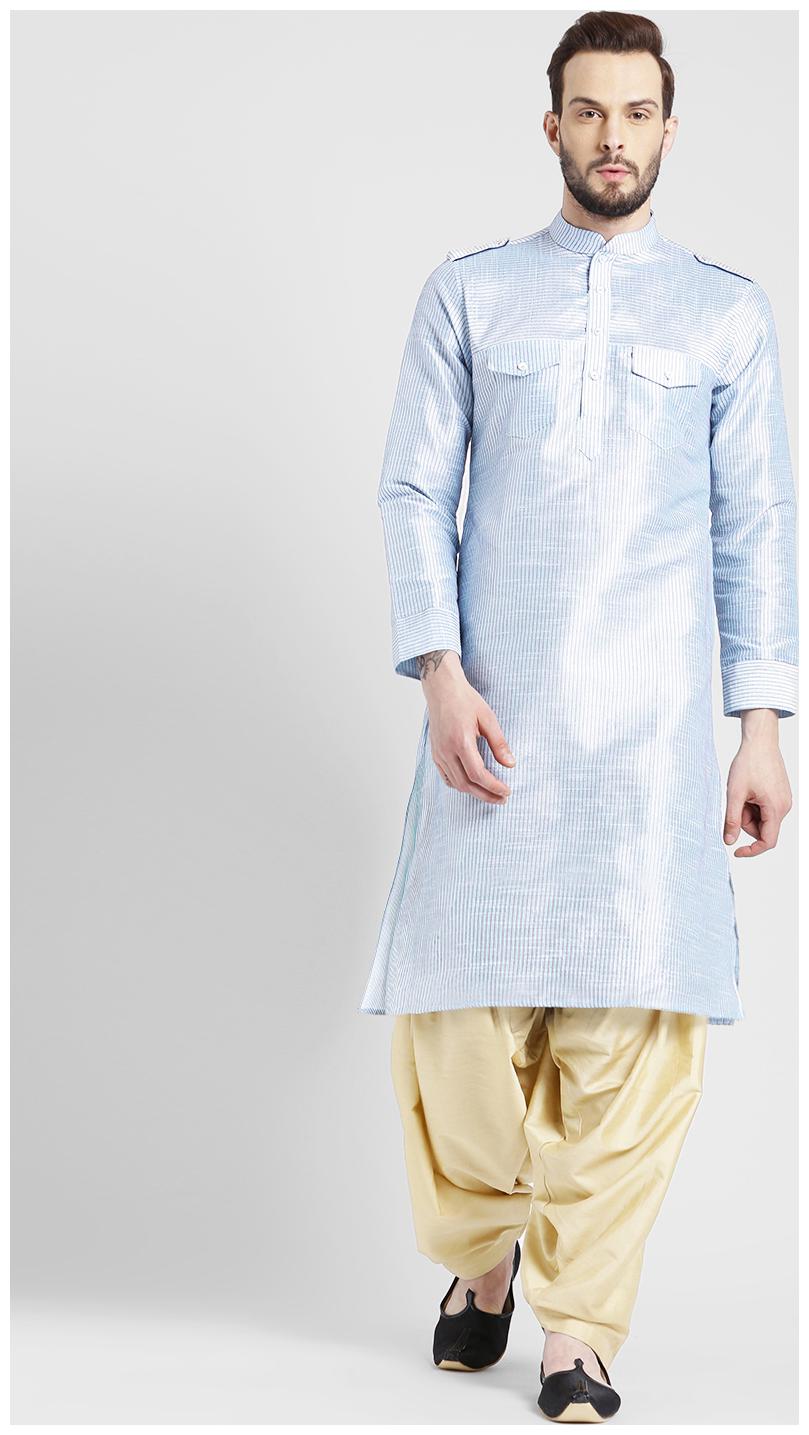 

Kisah Men s Light blue Dupion Silk Kantha Kurta Churidar Set