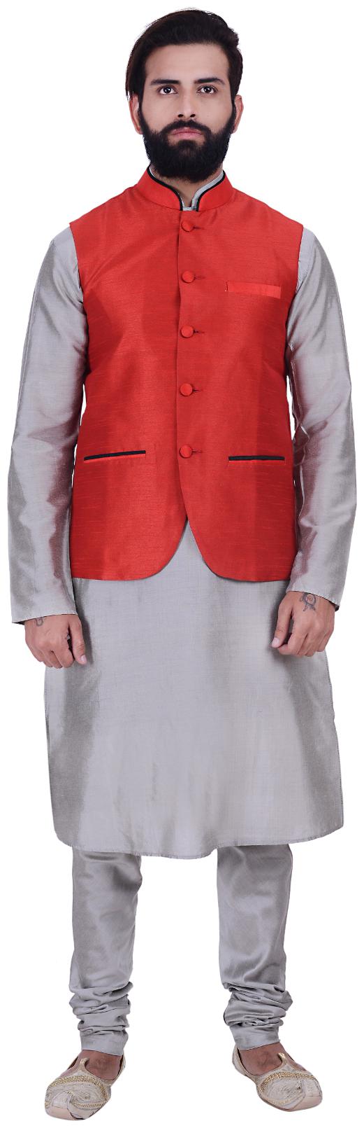 

Kisah Men s Benarasi Cotton Silk Self Design Waistcoat with Kurta and Churidar Set