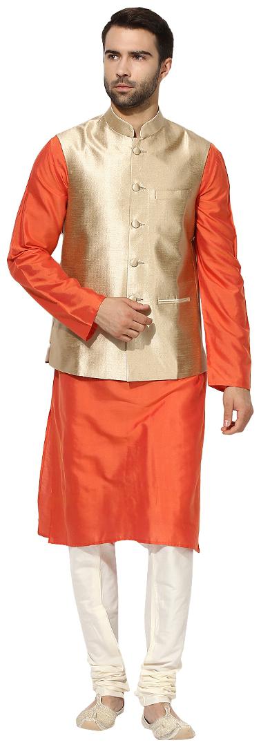 

Kisah Men s Benarasi Cotton Silk Self Design Waistcoat with Kurta and Churidar Set