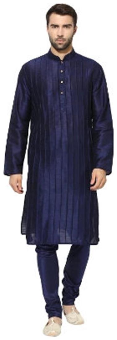 

Kisah Men s Navy Dupion Silk Pin tucks Kurta Churidar Set