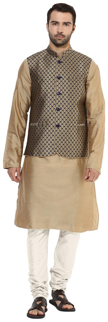

Kisah Men s Benarasi Jaquard Cotton Silk Beige Navy Waistcoat with Kurta and Churidar Set