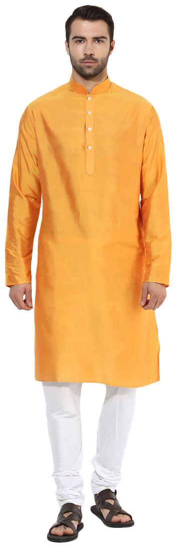 

Kisah men s canary yellow benarasi cotton silk solid coloured kurta churidar set
