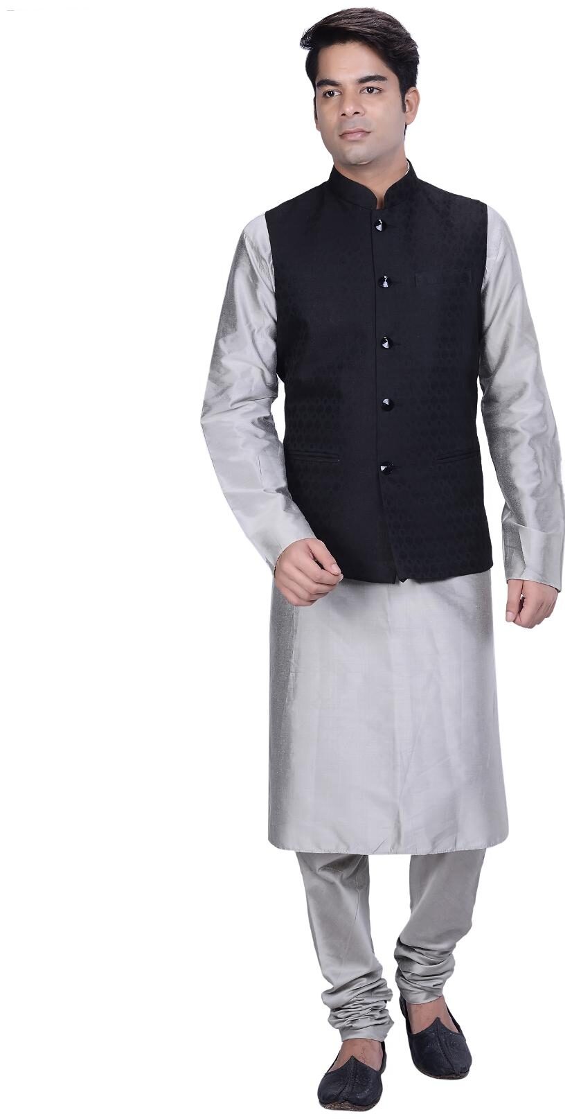 

Kisah Men s Grey Cotton Silk Kurta And Churidar With Grey Cotton Silk Nehru Jacket