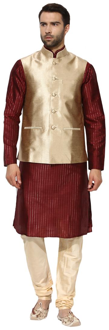 

Kisah Men s Benarasi Cotton Silk Self Design Waistcoat with Kurta and Churidar Set