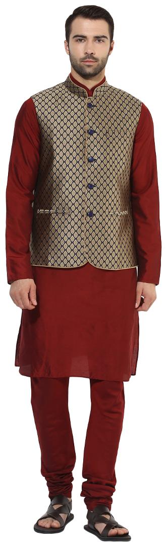 

Kisah Men s Benarasi Jaquard Cotton Silk Self Design Waistcoat with Kurta and Churidar Set