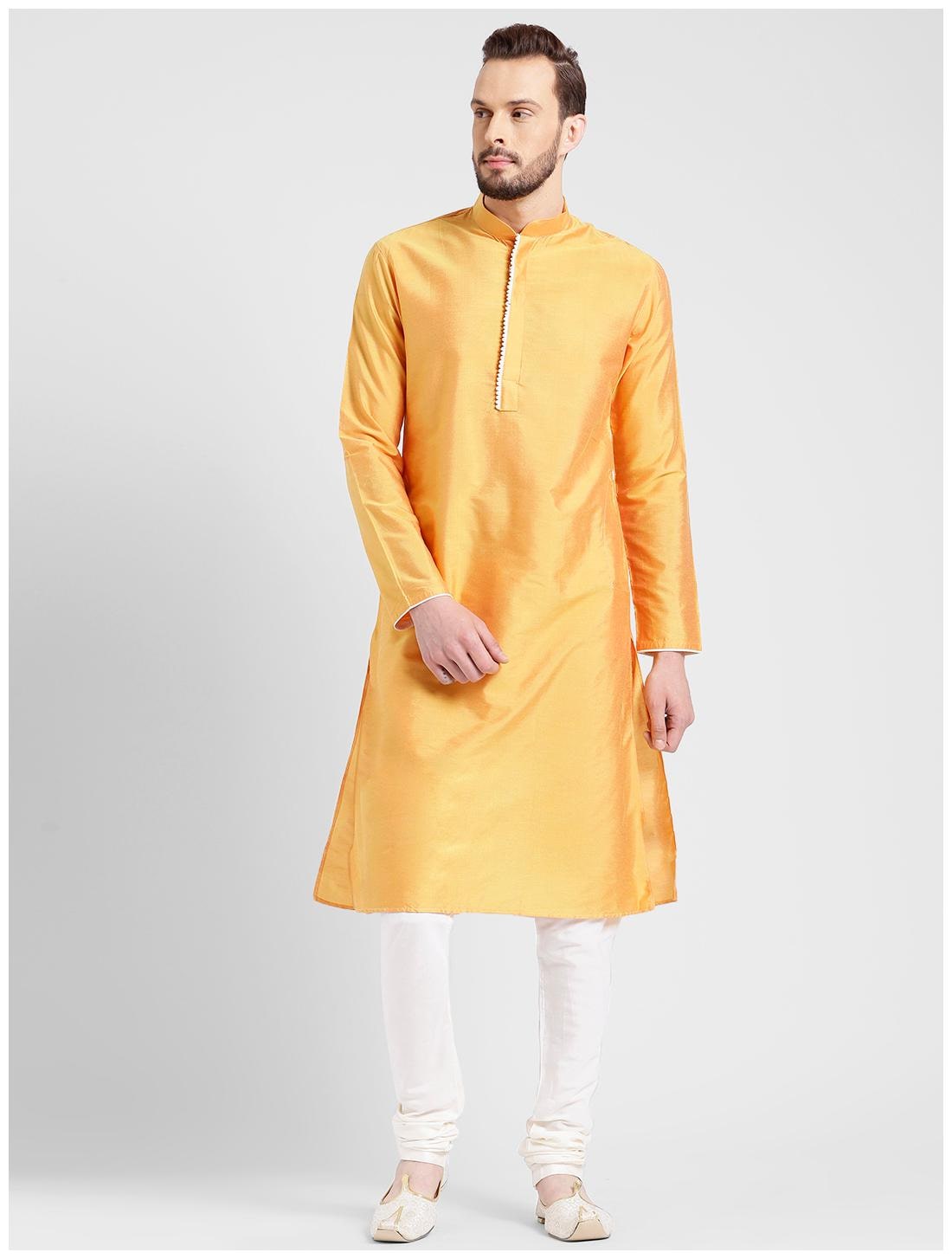 

Kisah Men s Kesaria Yellow Benarasi Cotton Silk Solid Coloured Kurta