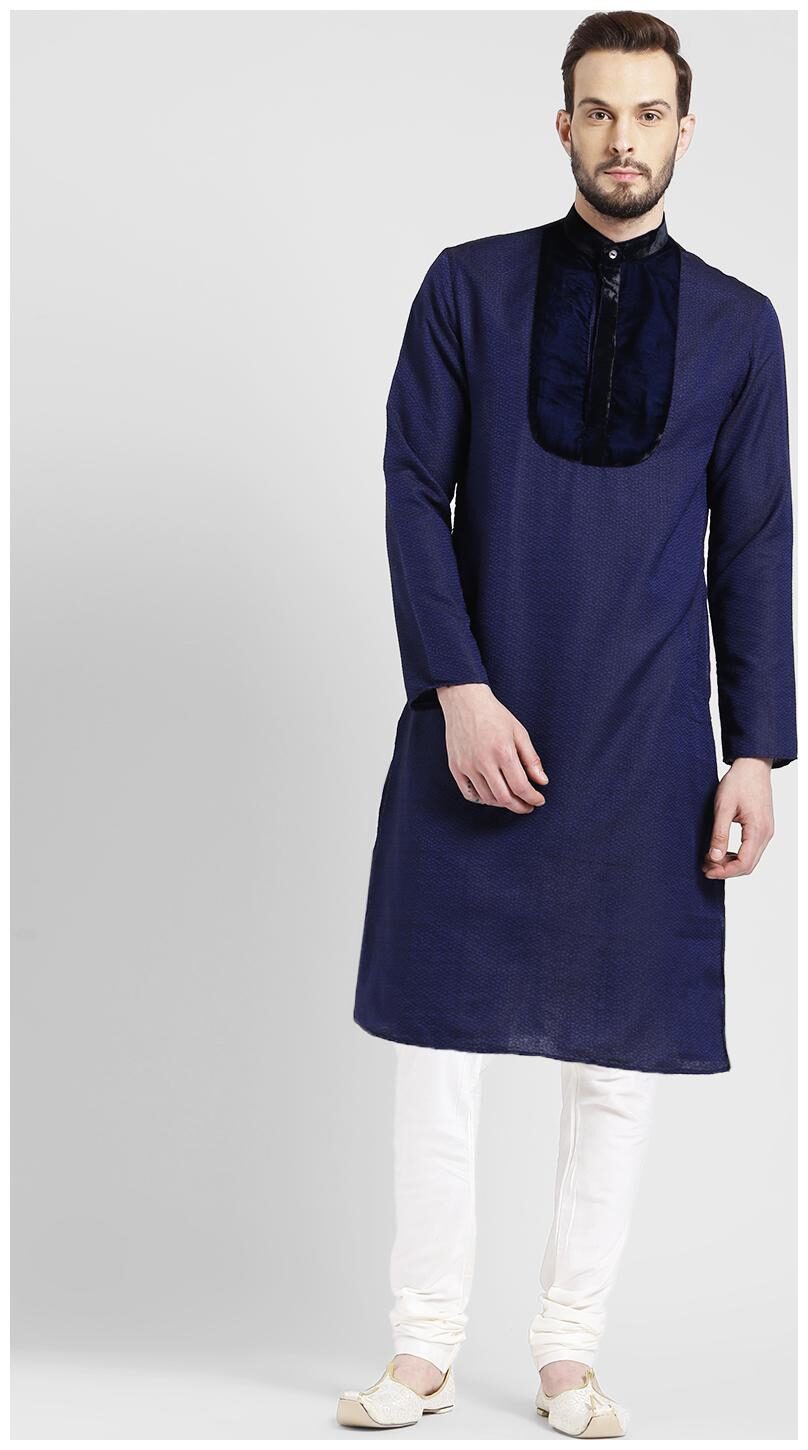 

Kisah Men s Navy Benarasi Jaquard Cotton Silk Yoke Design Kurta Churidar Set