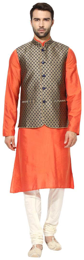 

Kisah Men s Benarasi Cotton Silk Self Design Waistcoat with Kurta and Churidar Set