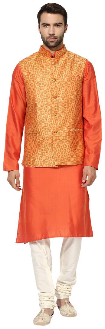 

Kisah Men s Benarasi Cotton Silk Self Design Waistcoat with Kurta and Churidar Set