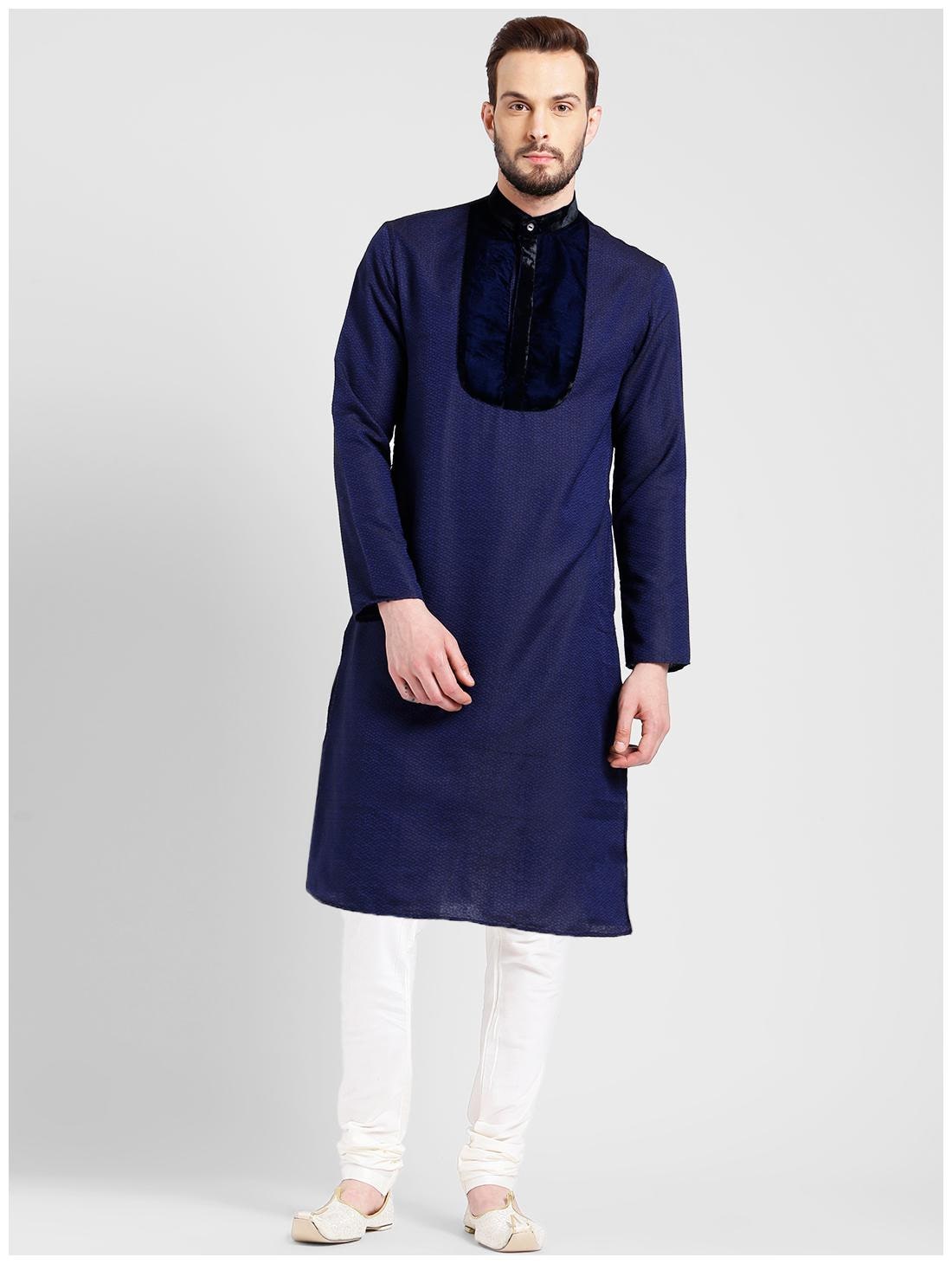 

Kisah Men s Navy Benarasi Jaquard Cotton Silk Yoke Design Kurta