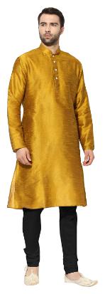 

Kisah Men s Glossy Ochre Dupion Silk Solid Coloured Kurta Churidar Set