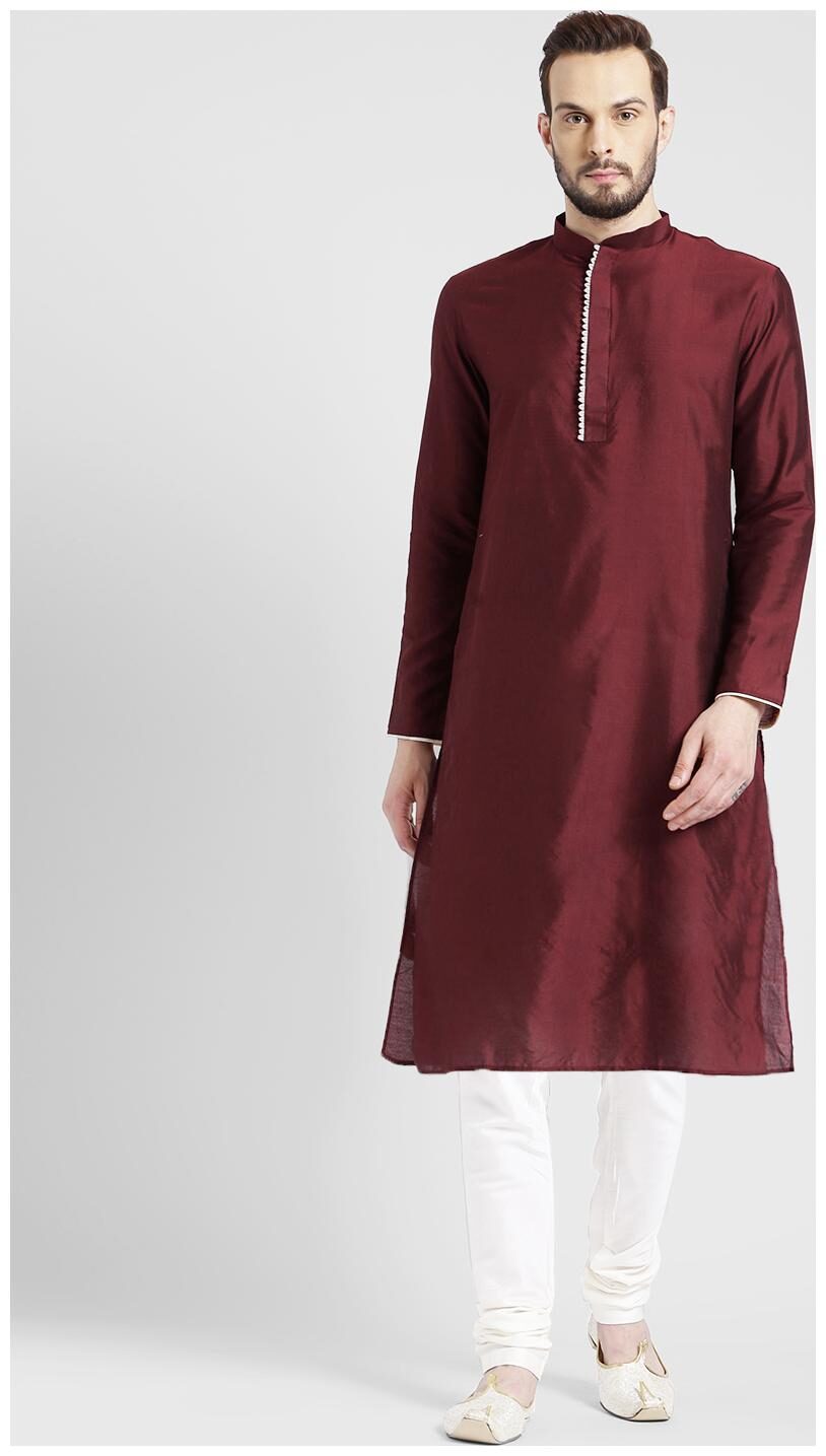 

Kisah Men s Maroon Benarasi Cotton Silk Solid Coloured Kurta Churidar Set