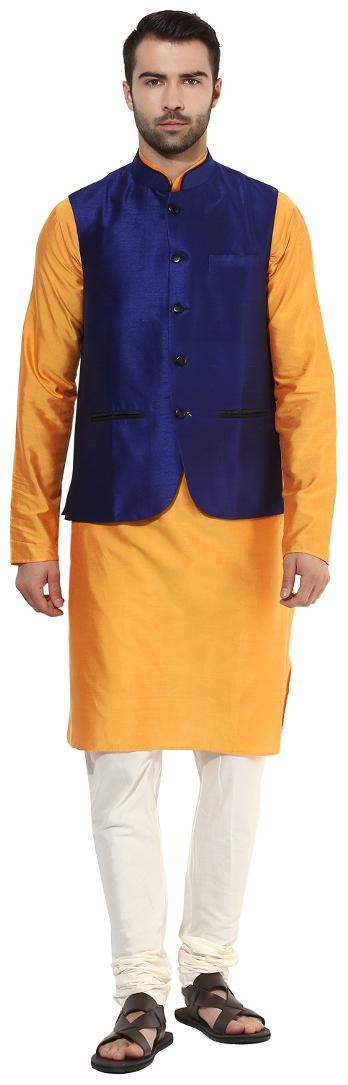 

Kisah Men s Benarasi Cotton Silk Self Design Waistcoat with Kurta and Churidar Set
