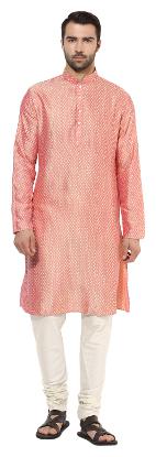 

Kisah men s salmon pink benarasi jaquard cotton silk self design kurta churidar set