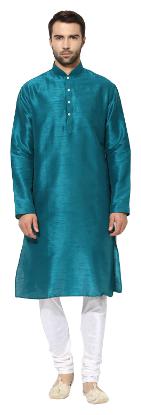 

Kisah Men s Teal Blue Dupion Silk Solid Coloured Kurta Churidar Set