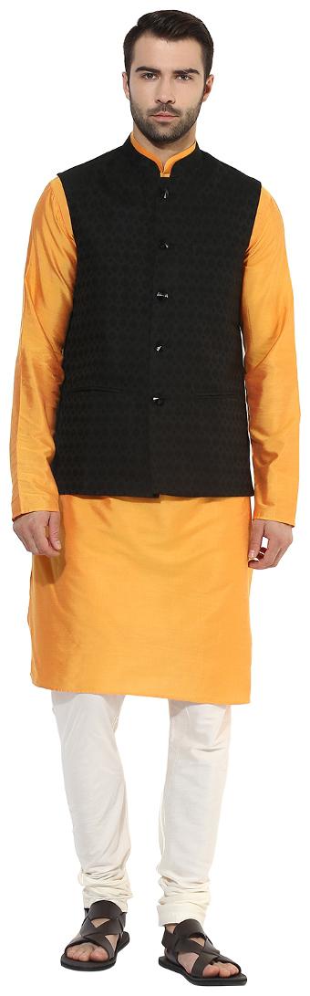 

Kisah Men s Benarasi Cotton Silk Self Design Waistcoat with Kurta and Churidar Set
