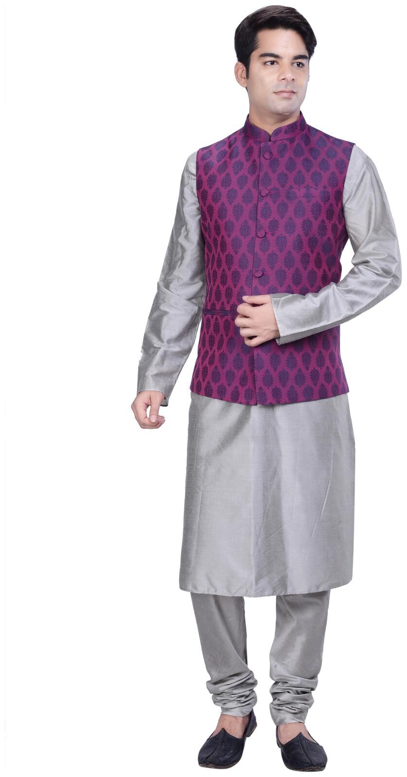 

Kisah Men s Grey Cotton Silk Kurta And Churidar With Purple Cotton Silk Nehru Jacket