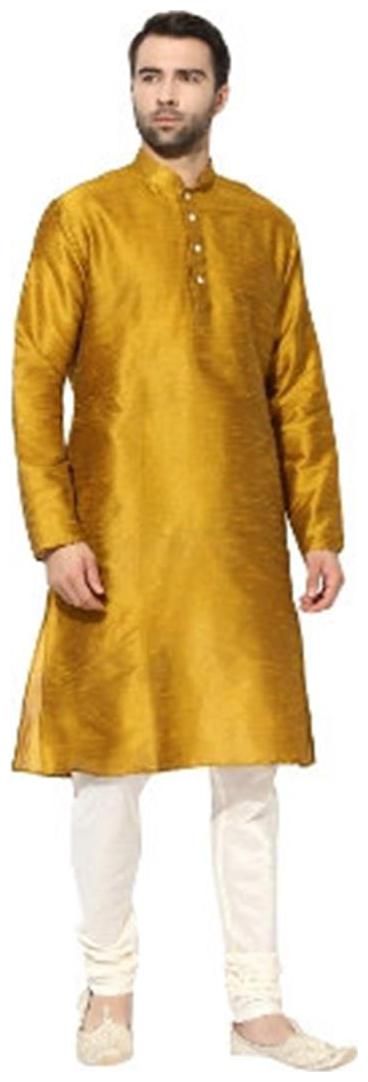 

Kisah Men s Glossy Ochre Dupion Silk Solid Kurta Churidar Set