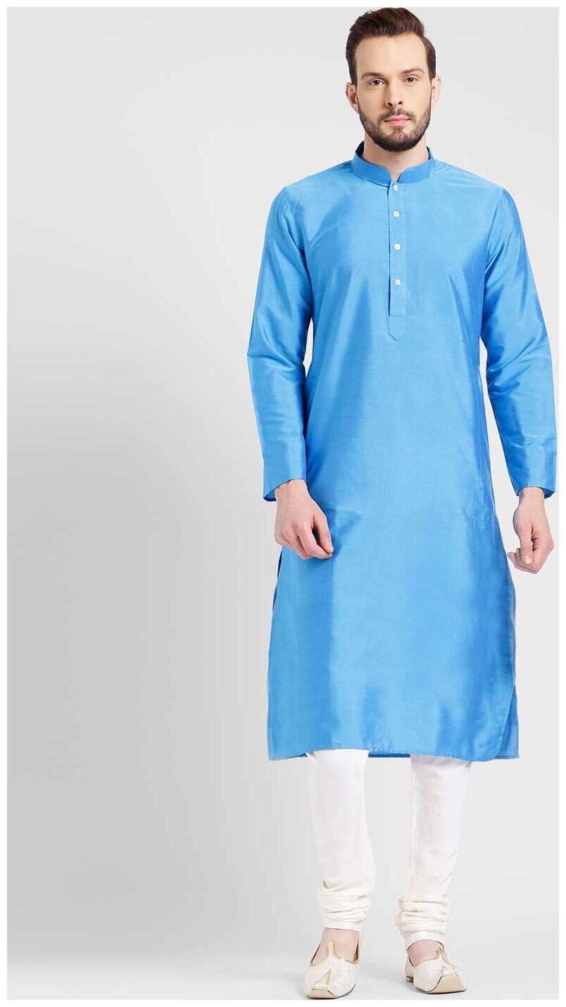 

Kisah Men s Blue Benarasi Cotton Silk Solid Coloured Kurta Churidar Set