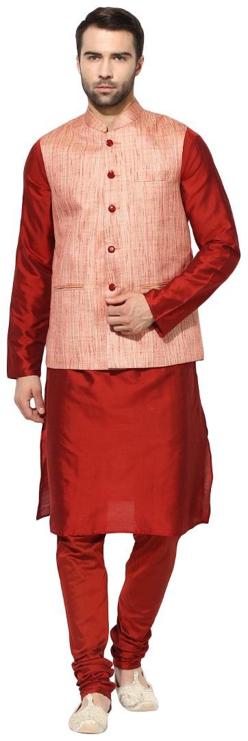 

Kisah Men s Benarasi Cotton Silk Self Design Waistcoat with Kurta and Churidar Set