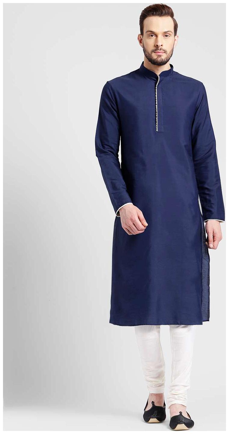

Kisah Men s Navy Benarasi Cotton Silk Solid Coloured Kurta Churidar Set