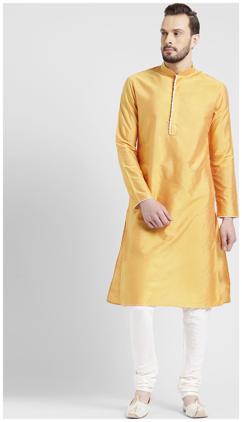 

Kisah Men s Kesaria Yellow Benarasi Cotton Silk Solid Coloured Kurta Churidar Set