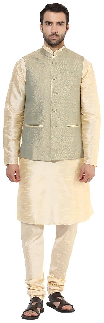 

Kisah Men s Benarasi Cotton Silk Self Design Waistcoat with Kurta and Churidar Set