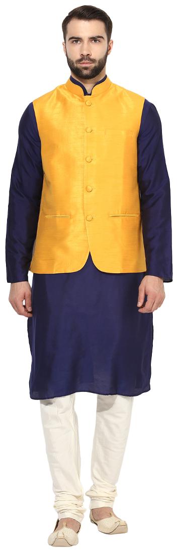 

Kisah Men s Dupion Silk Solid Coloured Waistcoat with Kurta and Churidar Set