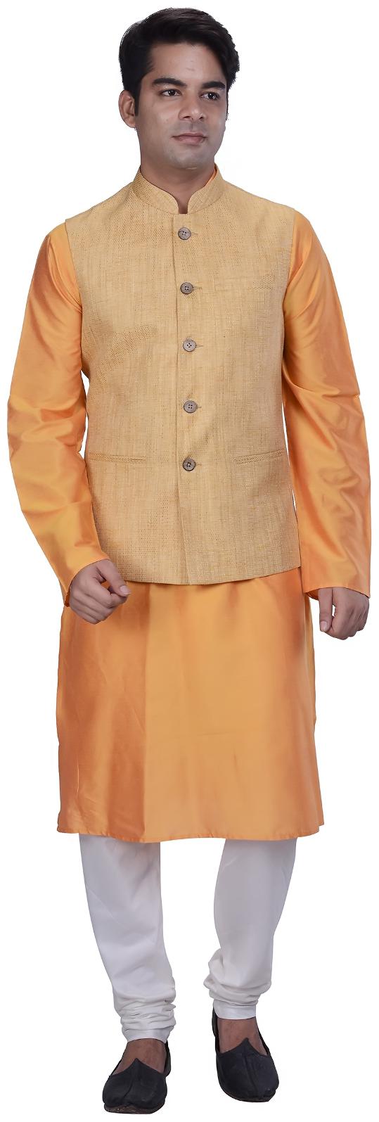 

Kisah Men s Orange Cotton Silk Kurta And Churidar With Beige Cotton Silk Nehru Jacket