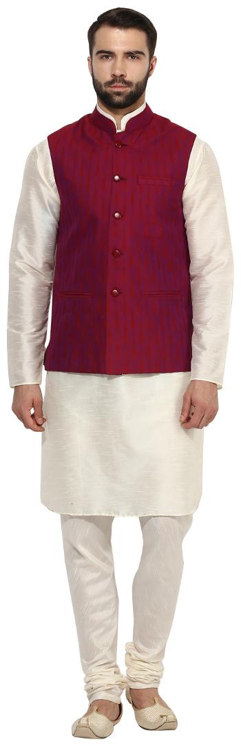 

Kisah Men s Benarasi Cotton Silk Self Design Waistcoat with Kurta and Churidar Set