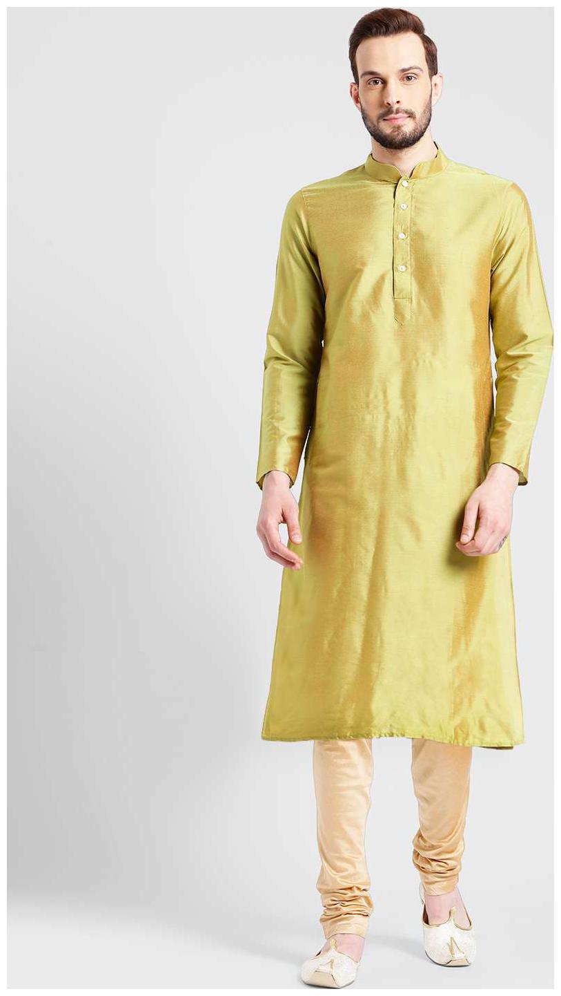 

Kisah Men s Green Benarasi Cotton Silk Solid Coloured Kurta Churidar Set