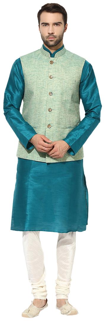 

Kisah Men s Benarasi Cotton Silk Self Design Waistcoat with Kurta and Churidar Set