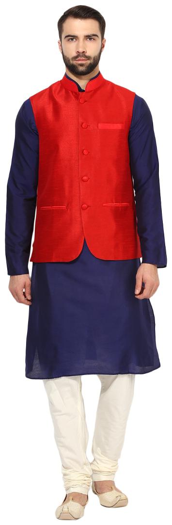 

Kisah Men s Dupion Silk Solid Coloured Waistcoat with Kurta and Churidar Set