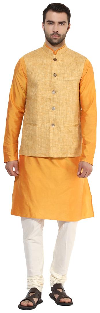 

Kisah Men s Benarasi Cotton Silk Self Design Waistcoat with Kurta and Churidar Set