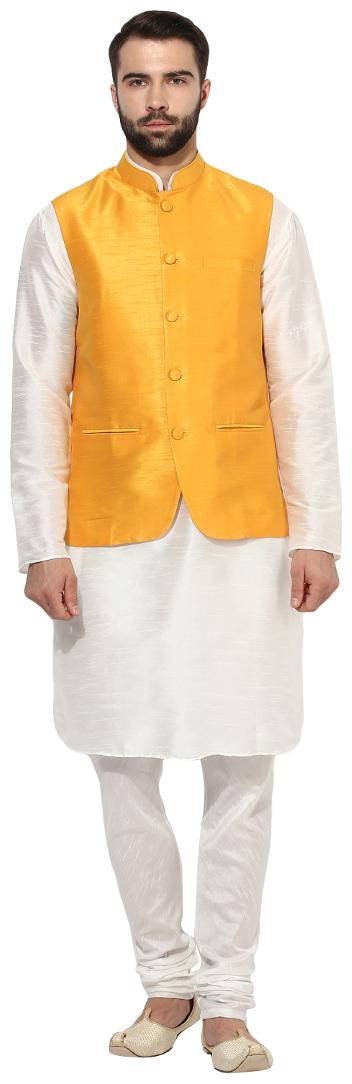 

Kisah Men s Benarasi Cotton Silk Self Design Waistcoat with Kurta and Churidar Set
