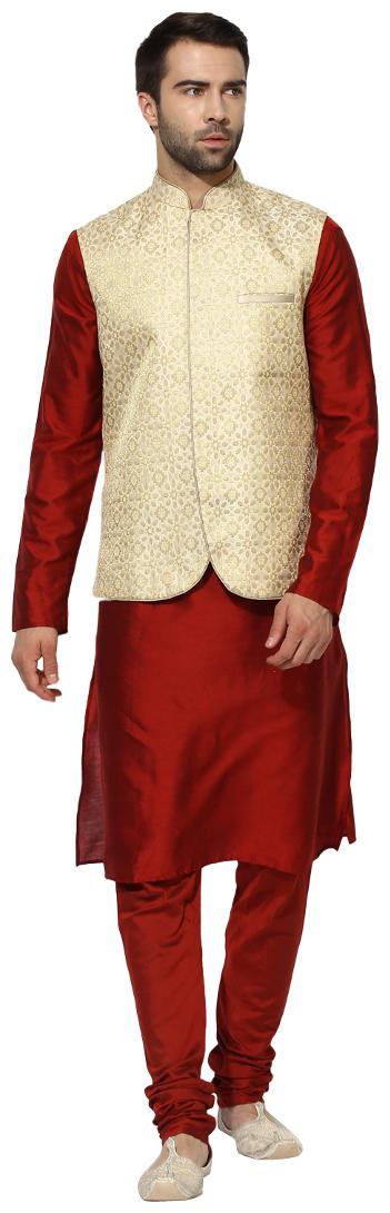 

Kisah Men s Benarasi Cotton Silk Self Design Waistcoat with Kurta and Churidar Set