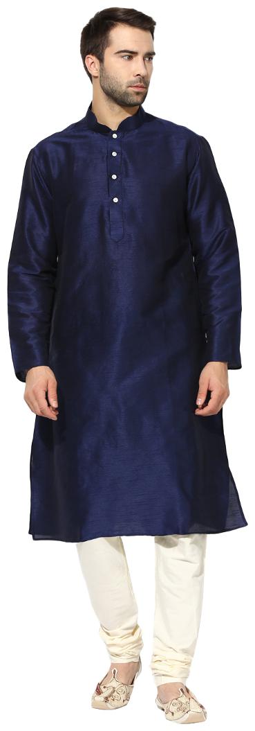 

Kisah Men s Navy Dupion Silk Solid Coloured Kurta Churidar Set