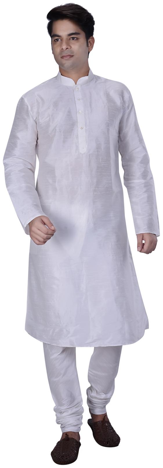 

Kisah Men s White Woven Long Dupion Silk Kurta Churidar Set