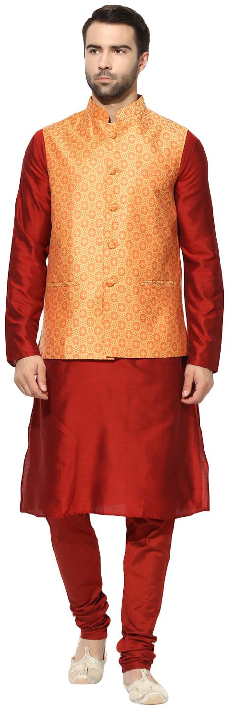 

Kisah Men s Benarasi Cotton Silk Self Design Waistcoat with Kurta and Churidar Set