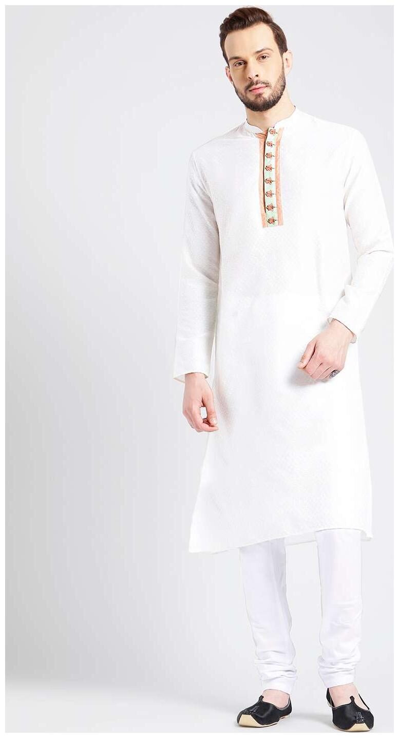 

Kisah Men s Ivory Benarasi Jaquard Cotton Silk Embroidered Kurta Churidar Set