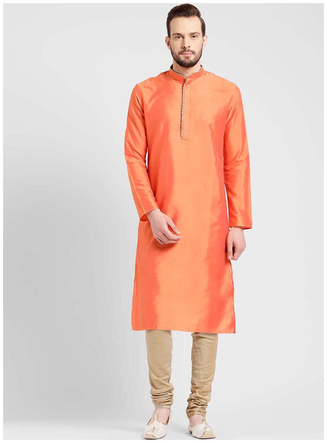 

Kisah Men s Coral Benarasi Cotton Silk Solid Coloured Kurta Churidar Set