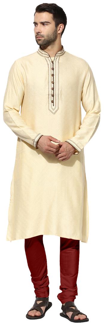 

Kisah men s beige benarasi jaquard cotton silk embroidered kurta churidar set