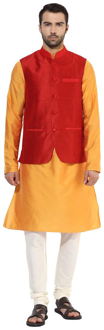 

Kisah Men s Benarasi Cotton Silk Self Design Waistcoat with Kurta and Churidar Set