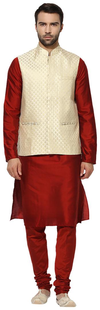 

Kisah Men s Benarasi Cotton Silk Self Design Waistcoat with Kurta and Churidar Set