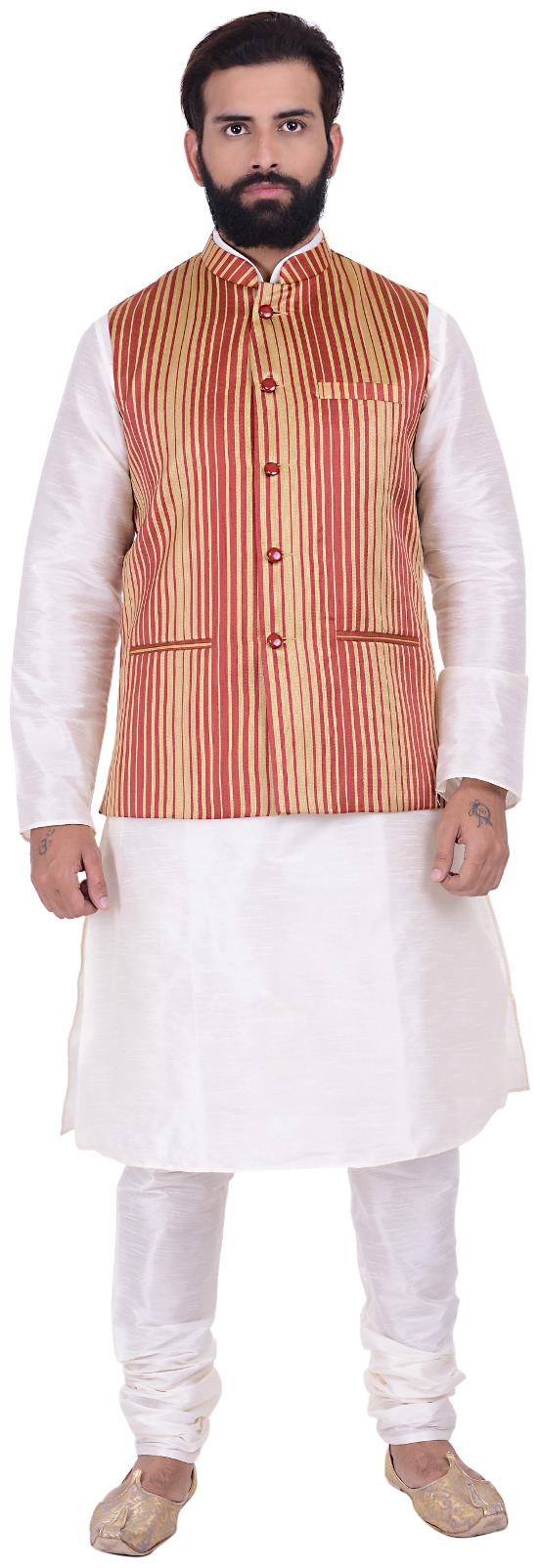 

Kisah Men s Benarasi Cotton Silk Self Design Waistcoat with Kurta and Churidar Set
