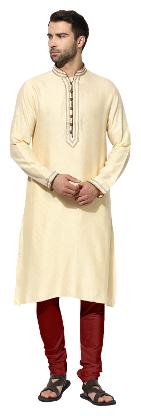 

Kisah men s beige benarasi jaquard cotton silk embroidered kurta churidar set