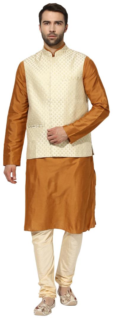 

Kisah Men s Benarasi Cotton Silk Self Design Waistcoat with Kurta and Churidar Set