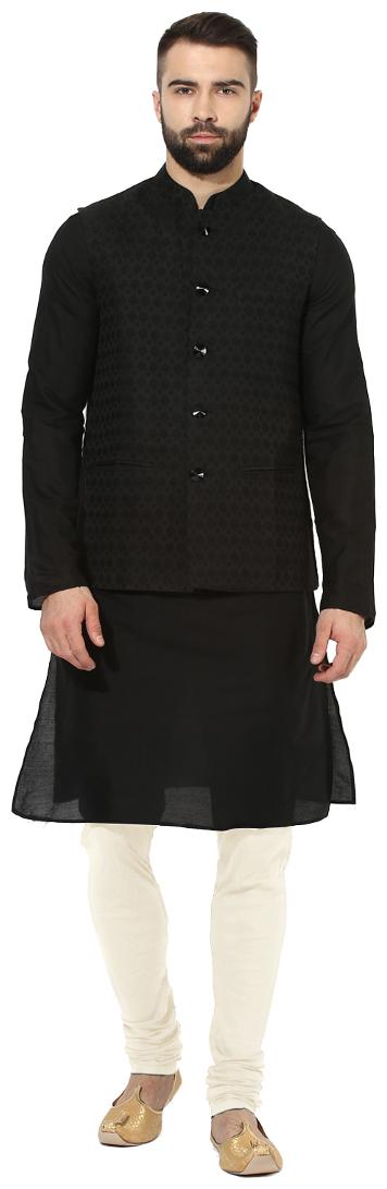 

Kisah Men s Benarasi Cotton Silk Black Waistcoat with Kurta and Churidar Set
